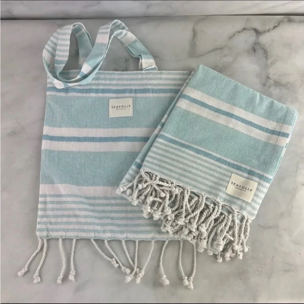 Seafolly Australia Turkish Towel‎ Set Blue Mist Stripe Beach Bag NEW